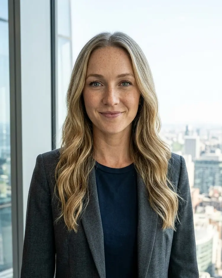 After: the same woman by the window of a high-rise office.