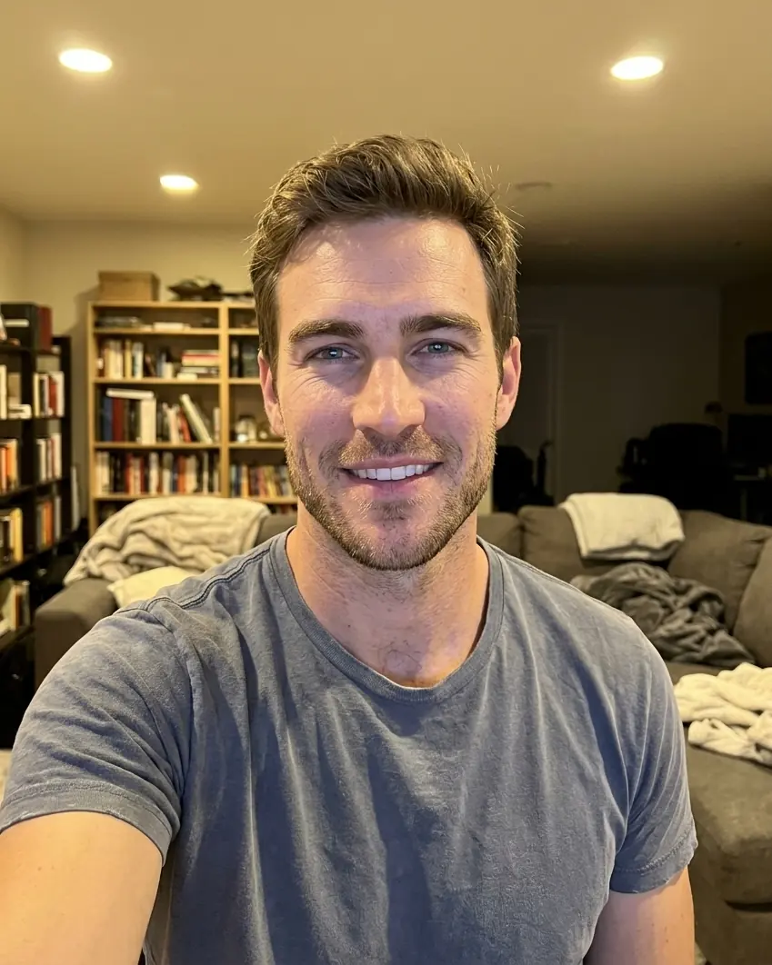 Before: a man's selfie at home under a ceiling light.