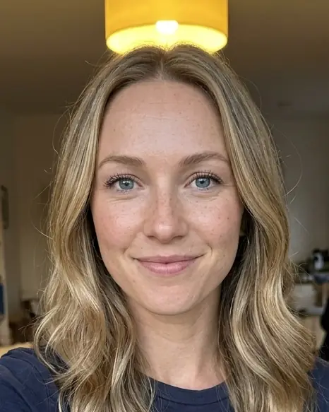 Before: an everyday selfie of the same woman at home, under a ceiling lamp.