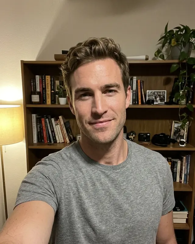 A casual selfie of a man in front of a bookshelf.