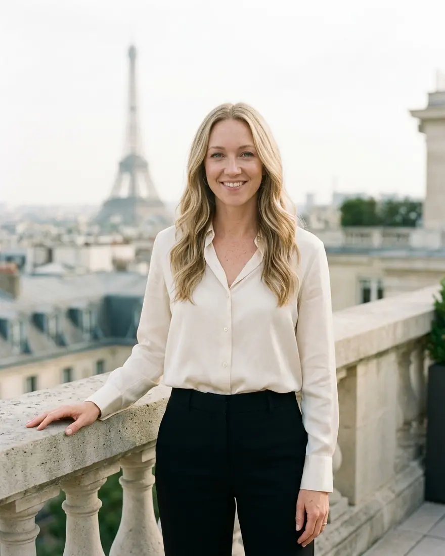 A woman on a Paris terrace with the Eiffel Tower behind her.