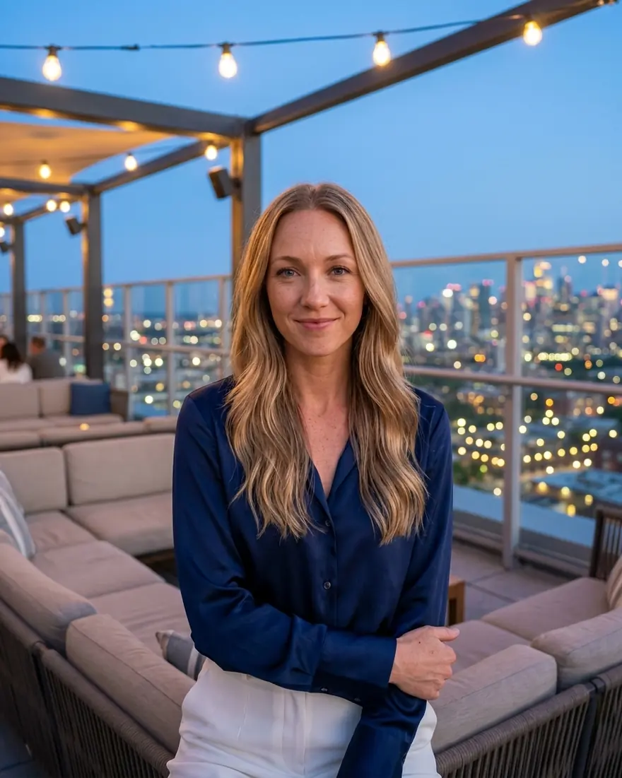 A smiling woman at a rooftop bar under string lights at dusk.