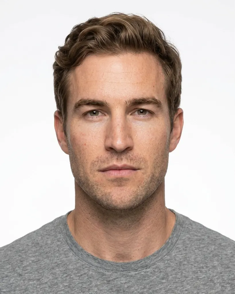 An ID-style portrait on a plain white background.