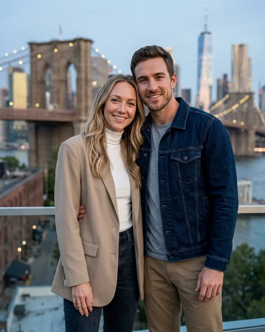 A couple on a rooftop with the Brooklyn Bridge behind them.