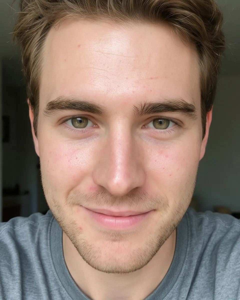 Before: an unretouched selfie of a man with short brown hair, with some redness on his cheeks and light shadows under his eyes.