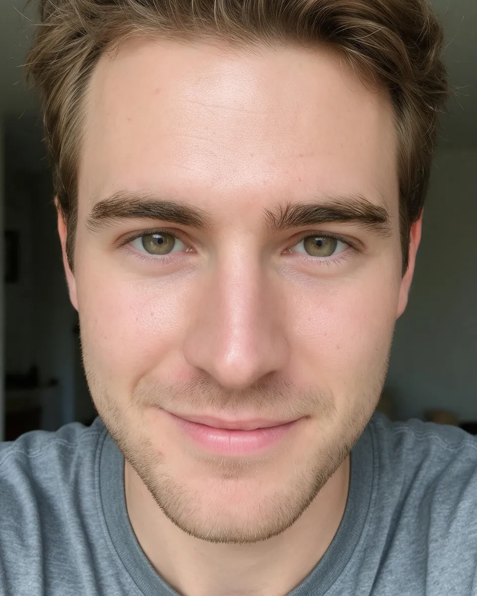 After, Light level: the same selfie with the skin and under-eyes retouched; the hair and background are unchanged.