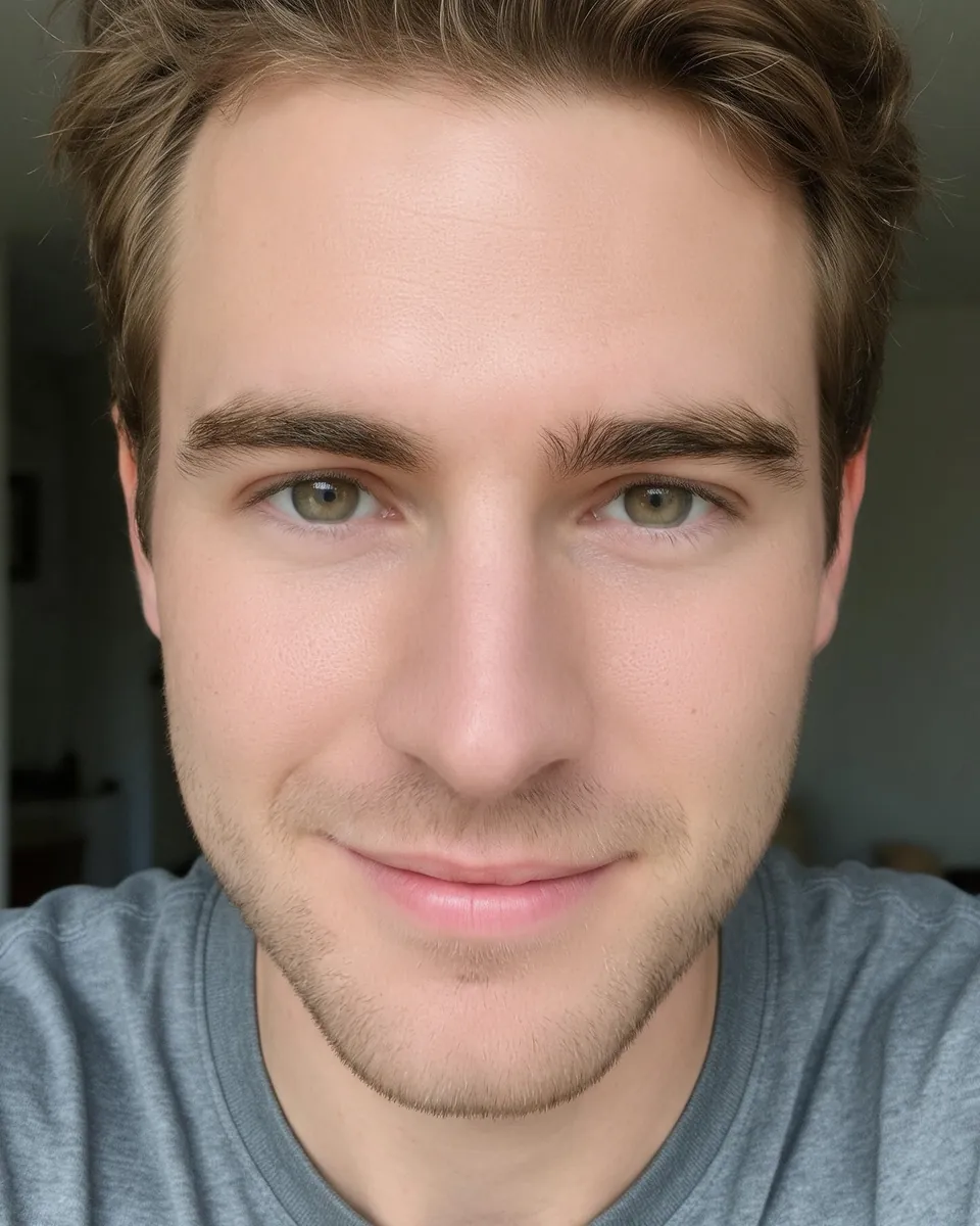 After, Pronounced level: the same selfie with the skin and under-eyes retouched; the hair and background are unchanged.