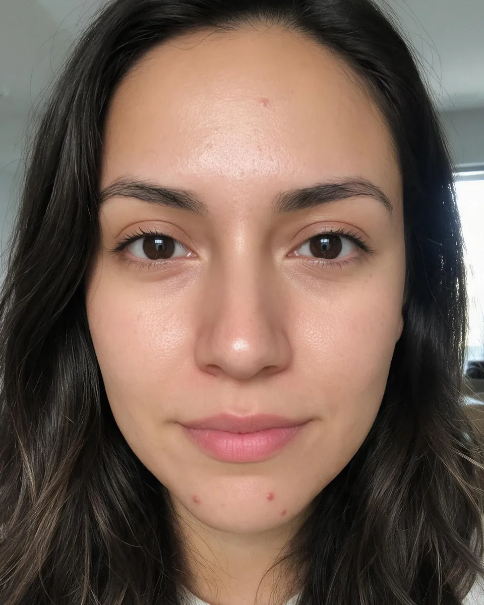 Before: an unretouched selfie of a woman with long dark hair, with a few small blemishes on her chin and forehead and light shadows under her eyes.